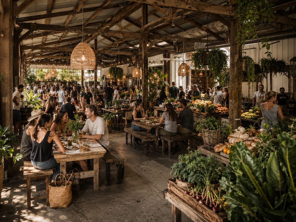 Indoor rustic market-hall dining scene with communal tables and a relaxed farm-market feel